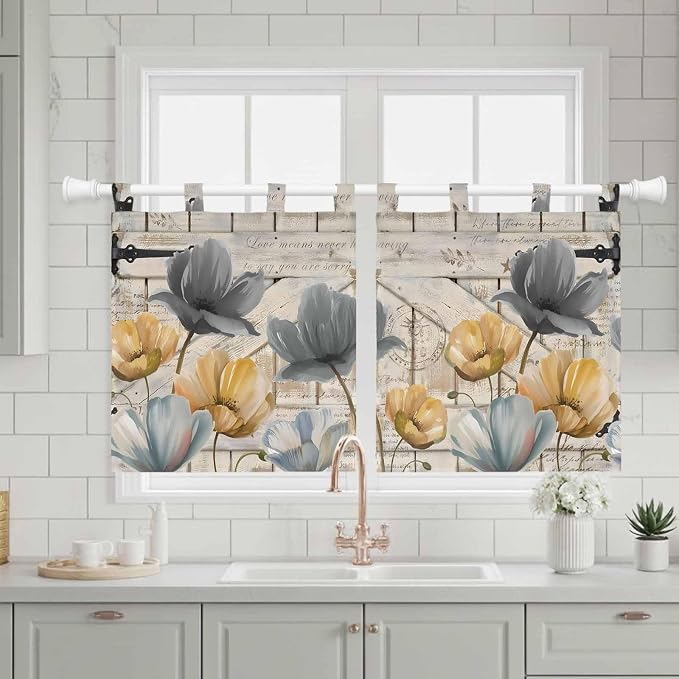 Spring Tulips Flower Kitchen Curtains 36 Inch Length, Small Window Curtains Tab - Image 3