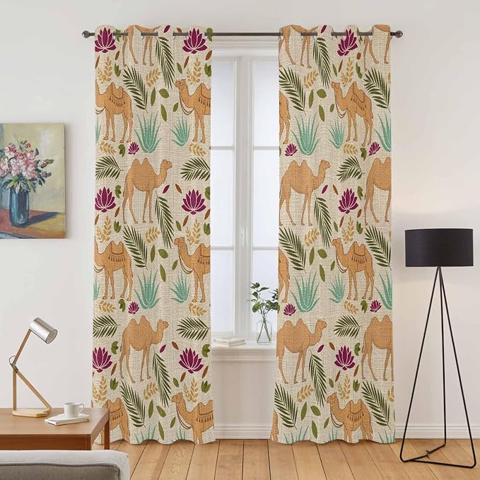 2 Panel Kitchen Cafe Curtains, Desert Camels Sunlight Filtering Nature Air - Image 2