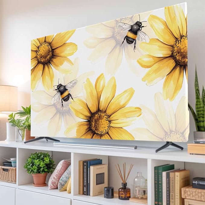 Watercolor Pastoral Yellow Daisy Bee Indoor TV Cover, Elastic TV Screen - Image 6