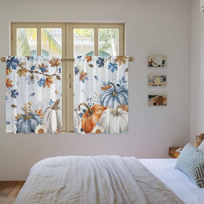 Fall Blue Maple Kitchen Curtains 45 Inch Long 2 Panel Set, Rod Pocket Window - Image 4