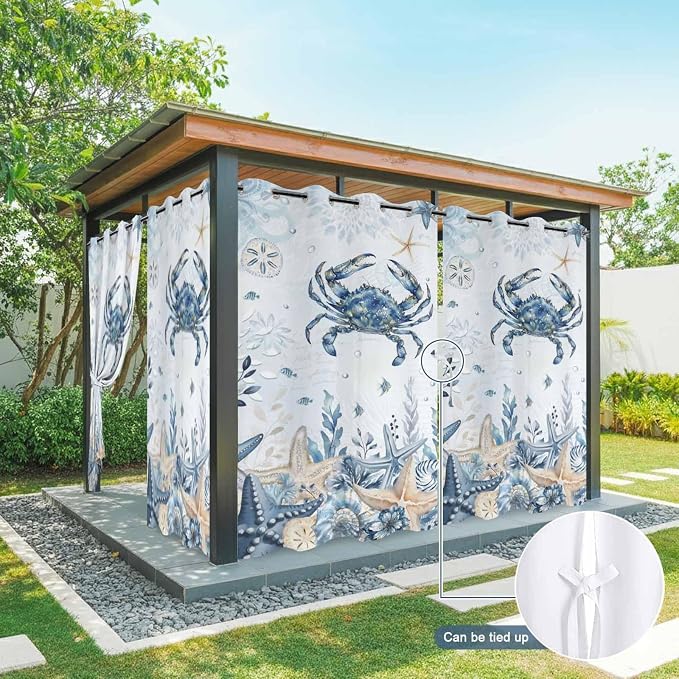 Oceans Outdoor Curtains for Patio Crabs Marine Life Shell Starfish Blue - Image 7