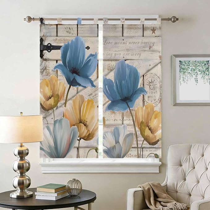 Blue Yellow Tulips Bedroom Curtains 72 Inch Length, Window Curtains Tab Top - Image 2