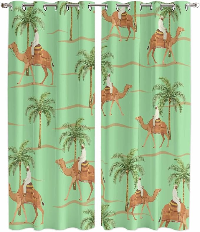 2 Panel Kitchen Cafe Curtains, Desert Camels Sunlight Filtering Nature Air by Hokiten