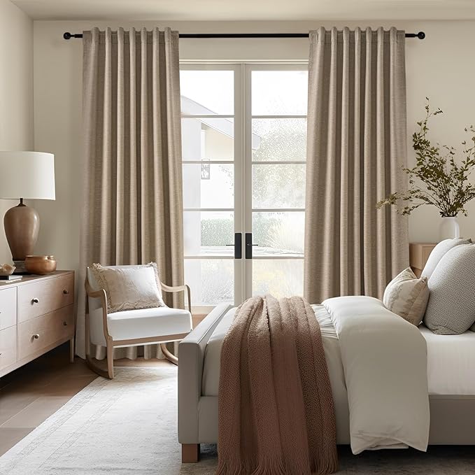 Topfinel Taupe Burlap Linen Blackout Curtains 63 Inches Long 2 Panels for Small Window Boho Farmhouse Linen Blend Texture Insulated Hook Belt Back Tab Pocket Pleated Drapes Fall Home Decor(W52 x L63)