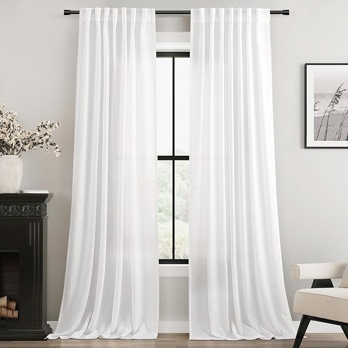 Linen White Curtains 80 inches Long for Bedroom Loop Pocket Privacy Light Filtering Semi Sheer White Boho Farmhouse Curtain Drapes Cotton Textured Modern Elegant Coastal Living Room Decor Pure White