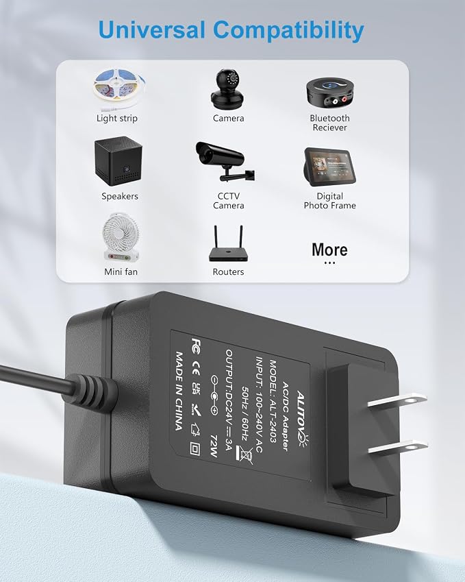 ALITOVE 24V Power Supply 3A 72W AC Adapter 6.2FT Power Cord 100-240V to DC 24 - Image 6