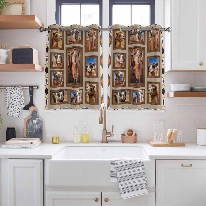 2 Panel Kitchen Cafe Curtains, Desert Camels Sunlight Filtering Nature Air - Image 2