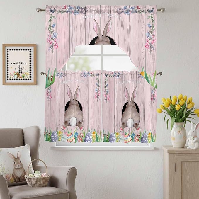 Swag Valance Curtains, Easter Cute Rabbit and Colorful Eggs Rod Pocket Valances - Image 2