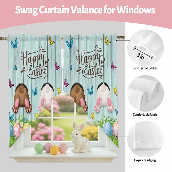 Swag Curtain Valances for Kitchen Windows, Happy Easter Bunny Butt Egg Floral - Image 9