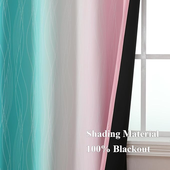 Estelar Textiler Pink and Teal Blackout Curtains for Kids Room, Full Room Darkening Grommet Ombre Curtains for Bedroom, Thermal Insulated Light Blocking Gradient Drapes, 52Wx63L, 2 Panels