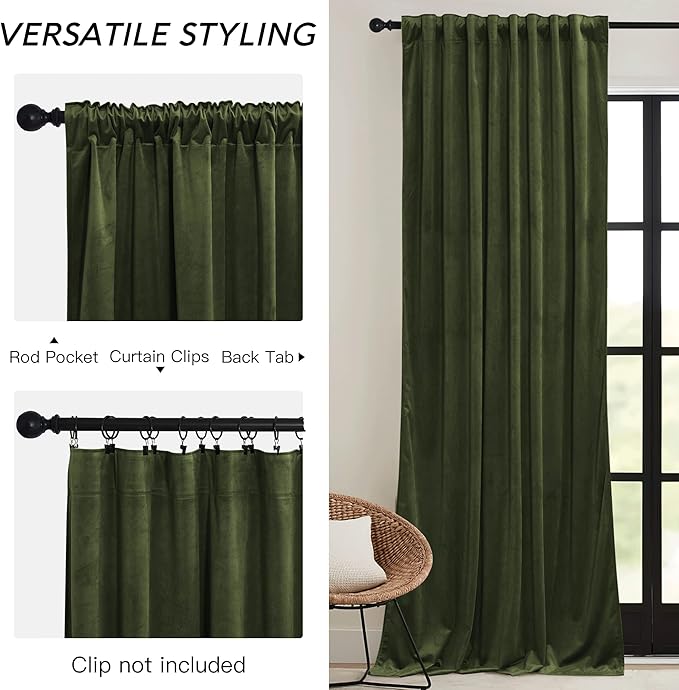 RYB HOME Olive Green Velvet Curtains with Hook Tape, Thermal Insulated Privacy Protect Decorative Drapes for Sliding Glass Door, W 62 x L 90 inches, 2 Panels Set