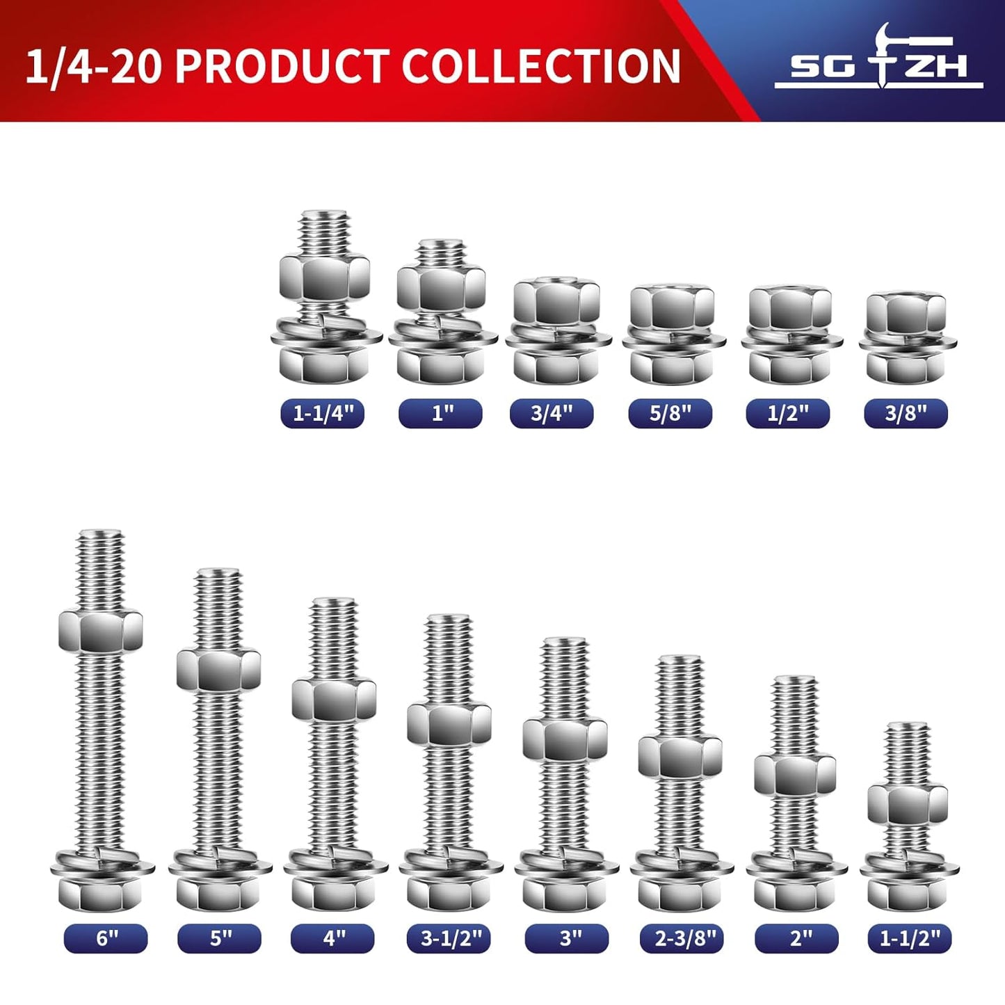 1/4-20 x 1-1/2" Hex Head Screw Bolt, Nuts, Flat & Lock Washers, 10Pcs 18-8 (304) Stainless Steel, Fully Threaded, by SG TZH