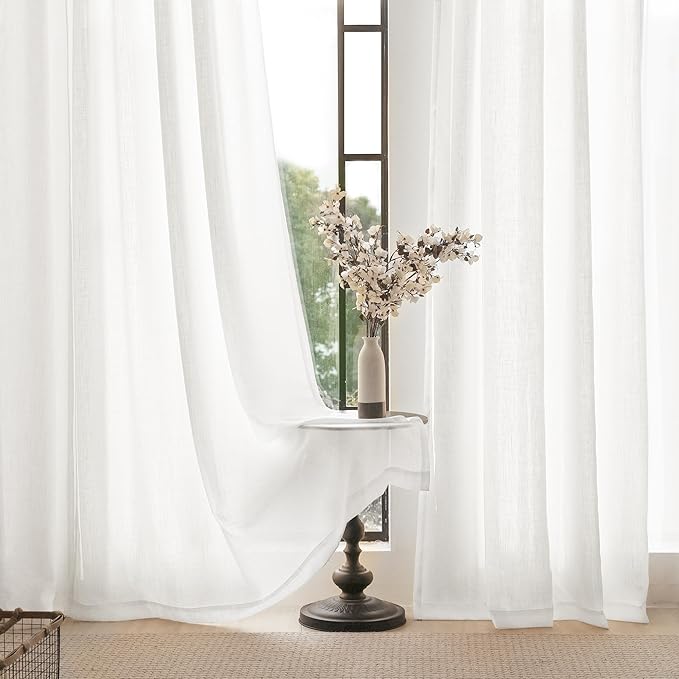 Extra Long White Curtain 108 inches Long 2 Panels Set Back Tab Light Filtering Cotton Textured Curtain Modern Farmhouse Coastal Decor Off White Linen Drapes 108 inch Length for Large Window 9 FT Tall