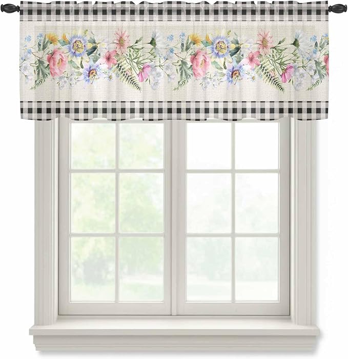 Blue Pink Floral Sheer Valance Curtains, Spring Summer Botanical Linen Black by Houseown