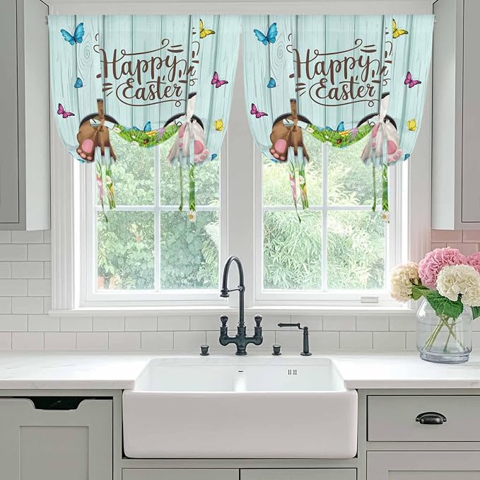 Tie Up Curtains, Happy Easter Bunny Butt Egg Floral Adjustable Rod Pocket - Image 5