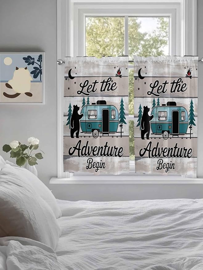 Farmhouse Bear Camper Van Tree Window Valance Curtains, Vintage Wood Grain - Image 5