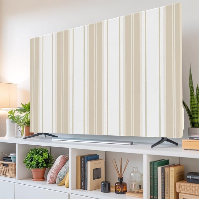 Minimalist Vertical Stripes Indoor TV Cover, Elastic TV Screen Protector Beige by Unknown