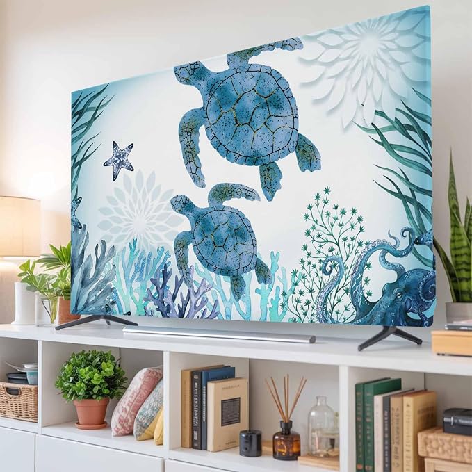 Blue Sea ​​turtle Coral Seagrass Sea Nuts Indoor TV Cover, Elastic TV Screen - Image 6