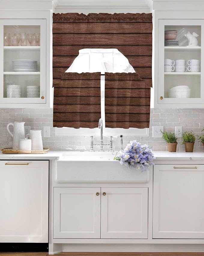Brown Wooden Board Swag Kitchen Curtains Valance and Tier Set, Vintage Wood - Image 4