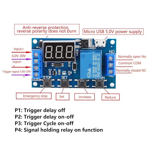 Fafeicy Relay Module, Delay Cycle Timing Circuit Switch, LCD Display, Micro USB - Image 3