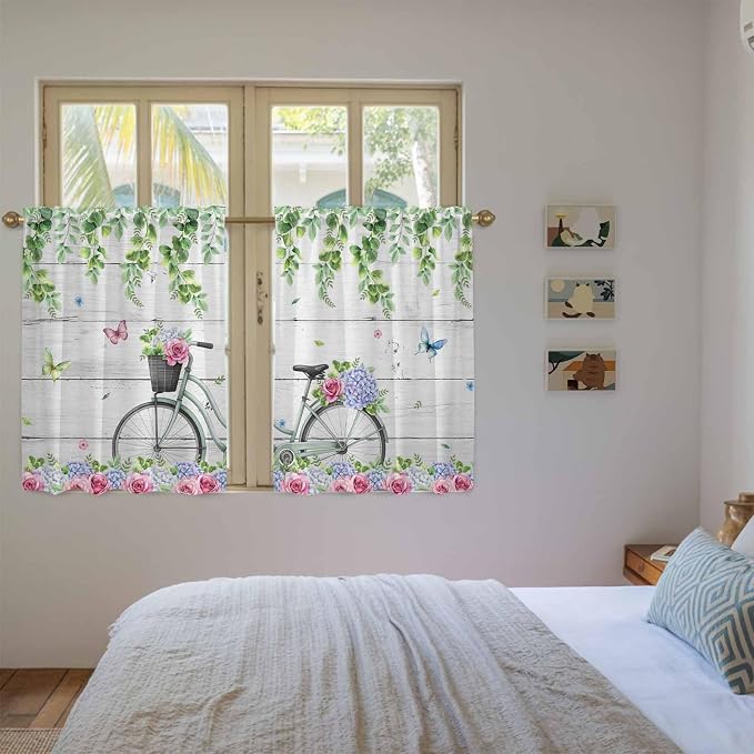 Spring Kitchen Curtains, Bicycles Botanical Rose Leaves Butterfly Wood Grain - Image 4