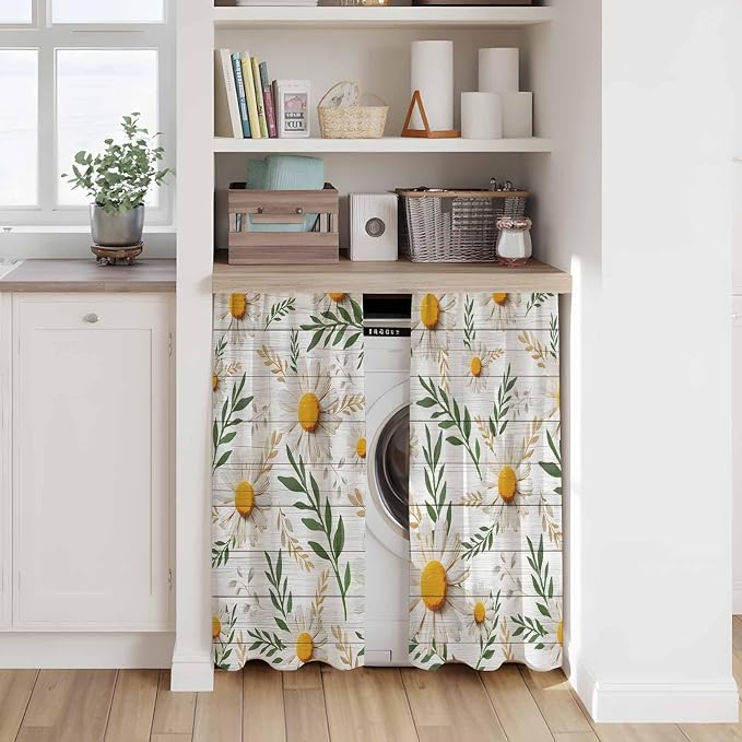 Spring Daisy Kitchen Curtains, Farmhouse Country Flower Leaf Plant Wood Grain - Image 7