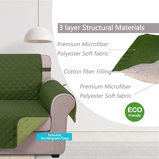 U-NICE HOME Reversible Oversized Chair Covers Quilted Water Repellent Pet Protectors with Elastic Straps(28''Armchair, Huntergreen/Sage)