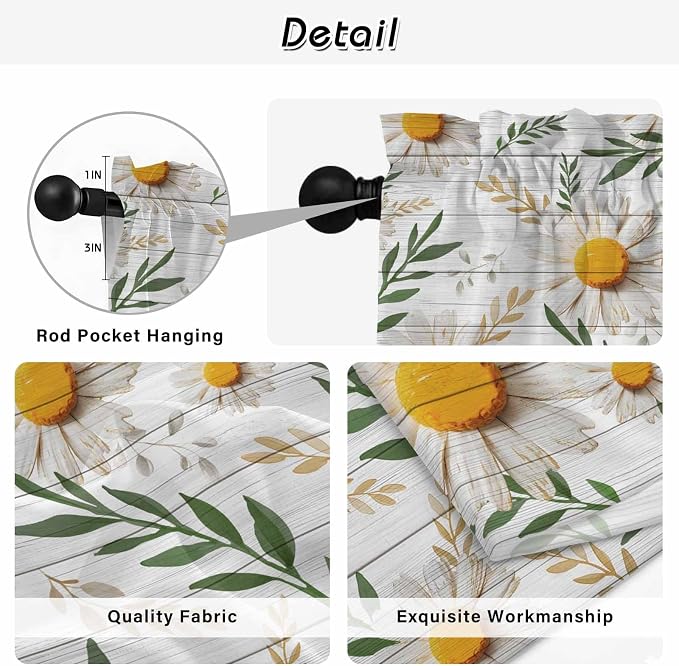 Spring Daisy Kitchen Curtains, Farmhouse Country Flower Leaf Plant Wood Grain - Image 9