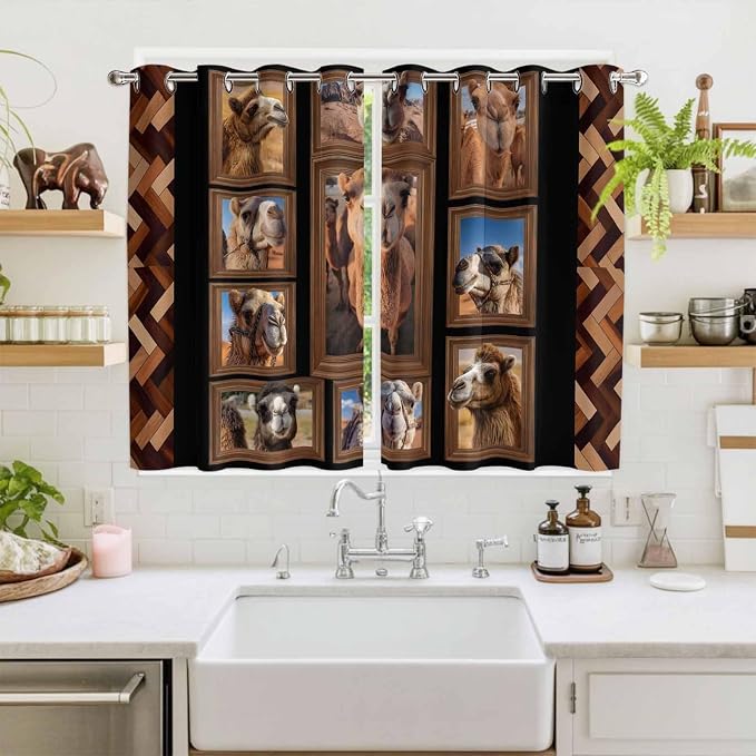 2 Panel Kitchen Cafe Curtains, Desert Camels Sunlight Filtering Nature Air - Image 2