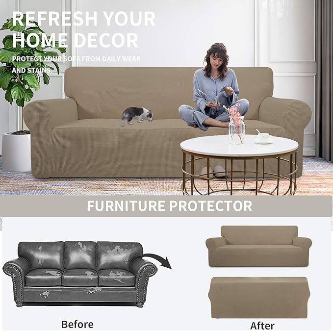 Easy-Going Stretch Loveseat Slipcover 1-Piece Sofa Cover Furniture Protector Couch Soft with Elastic Bottom for Kids Polyester Spandex Jacquard Fabric Small Checks (Loveseat, Natural)