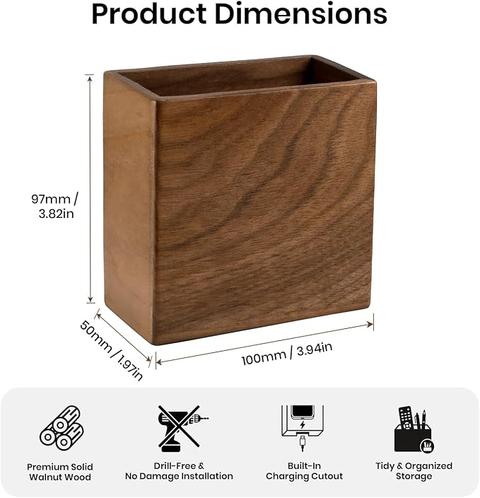 Remote Holder Hole-Free, Self-Adhesive Storage Wooden Box Small | Wall Mounted - Image 3