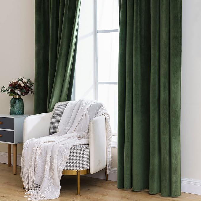 MIULEE Velvet Curtains 90 inches 2 Panels - Luxury Room Darkening Curtains for Bedroom Living Room Thermal Insulated Super Soft Window Drapes Rod Pocket & Back Tab, Olive Green, W 52 x L 90 inch