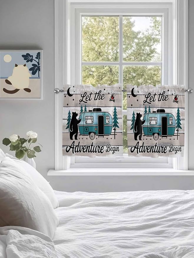 Farmhouse Bear Camper Van Tree Window Valance Curtains, Vintage Wood Grain - Image 3