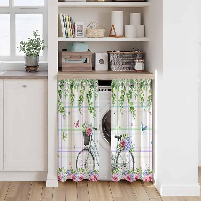 Spring Kitchen Curtains, Bicycles Botanical Leaves Rose Colorful Stripes Light - Image 7