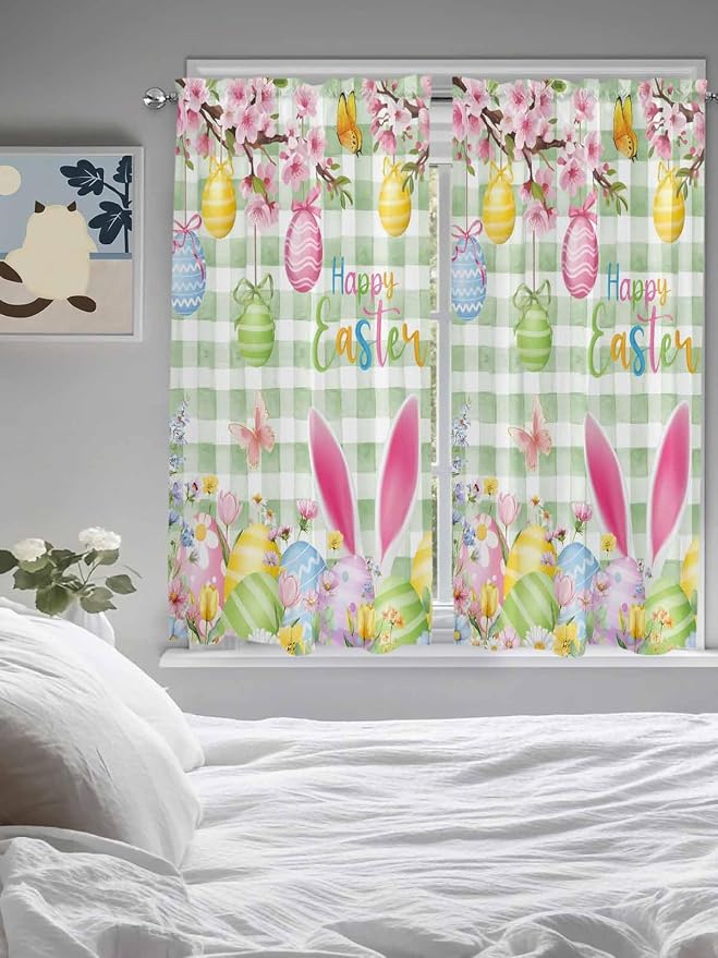 Happy Easter Bedroom Curtains 63 Inches length, Spring Bunny Eggs Flower Sage - Image 5