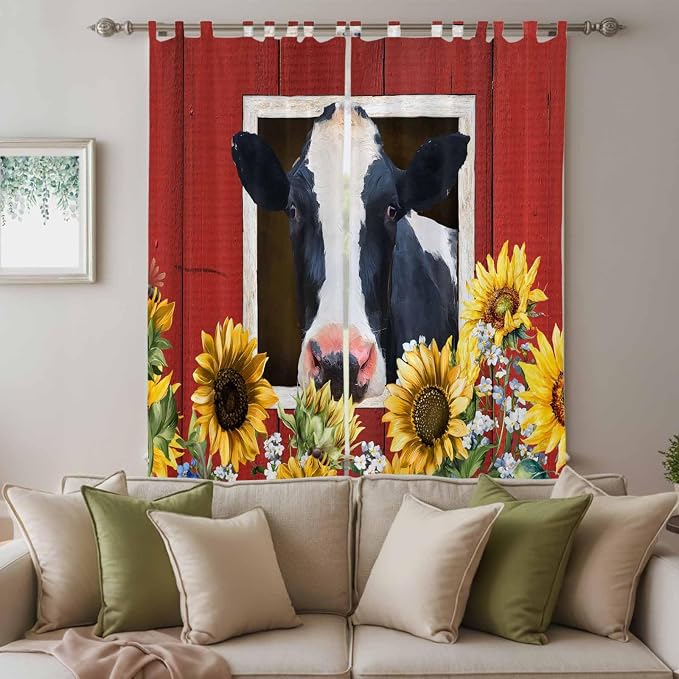 Cow Sunflowers Living Room Curtains 96 Inch Length, Window Curtains Tab Top - Image 3