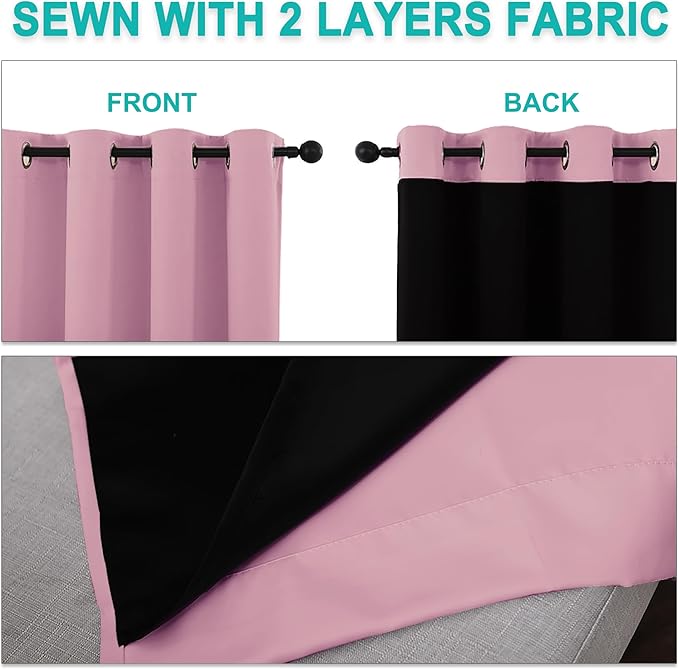 NICETOWN 100% Blackout Curtains with Black Liners, Thermal Insulated Full Blackout 2-Layer Lined Curtains, Energy Efficiency Window Draperies for Dining Room (Crystal Pink, 2 Panels, 52" W by 45" L)