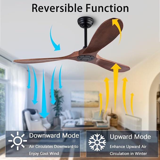 QUTWOB 60" Wood Ceiling Fan, Remote Control, 3 Wooden Blades, Indoor/Outdoor - Image 4