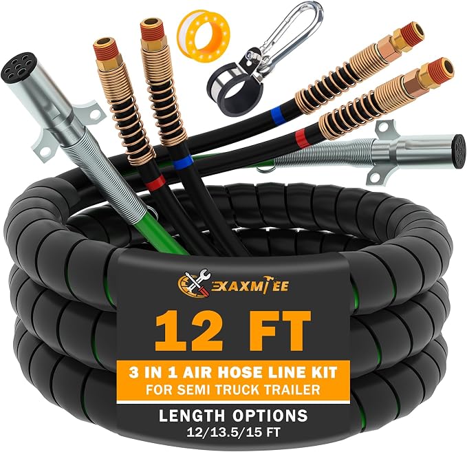 12FT Semi Truck Air Lines Kit 3IN1 Trailer Cord and Air Brake Hoses Assembly by XaXmTee