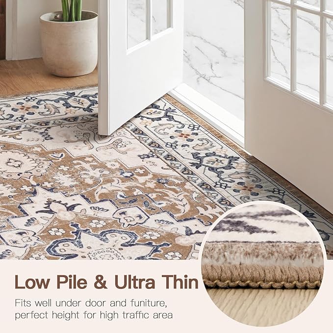 Lofus 10x14 Area Rugs for Living Room, Washable Area Rug, Big Rugs for Bedroom, Kitchen, Vintage Boho Carpet, Soft Non-Slip, Low Pile Large Area Rug for Office Dining Room, Floral Brown