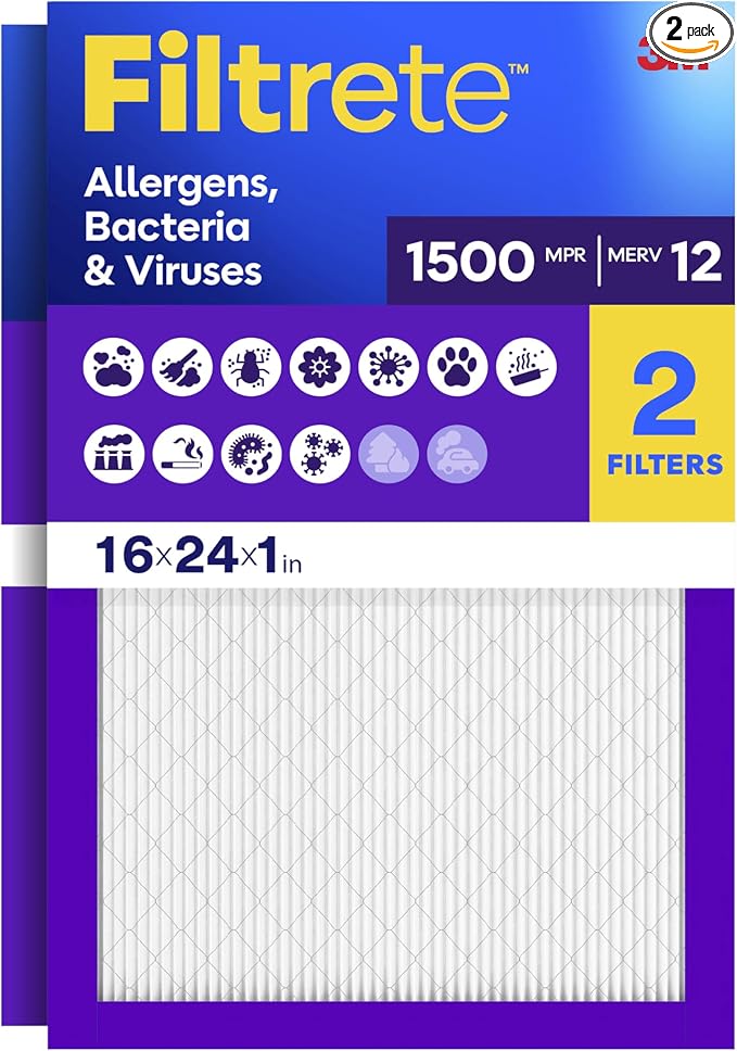 Filtrete 16x24x1 Air Filter, MERV 12, MPR 1500, Bacteria & Viruses, 3-Month AC by Unknown
