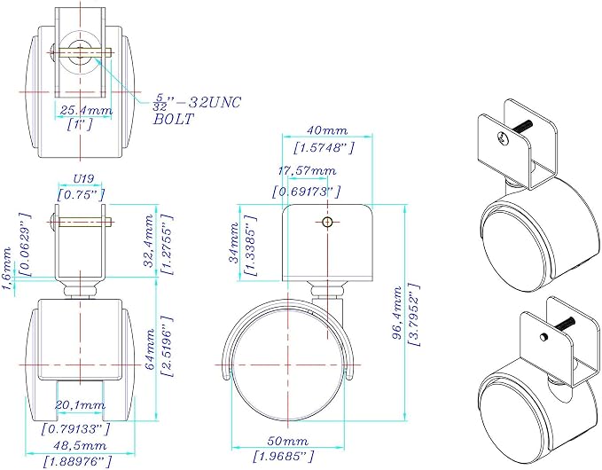 2" Wheel Diameter | Black Nylon Swivel Hooded Samson Twin Wheel Caster | U-Clip - Image 2