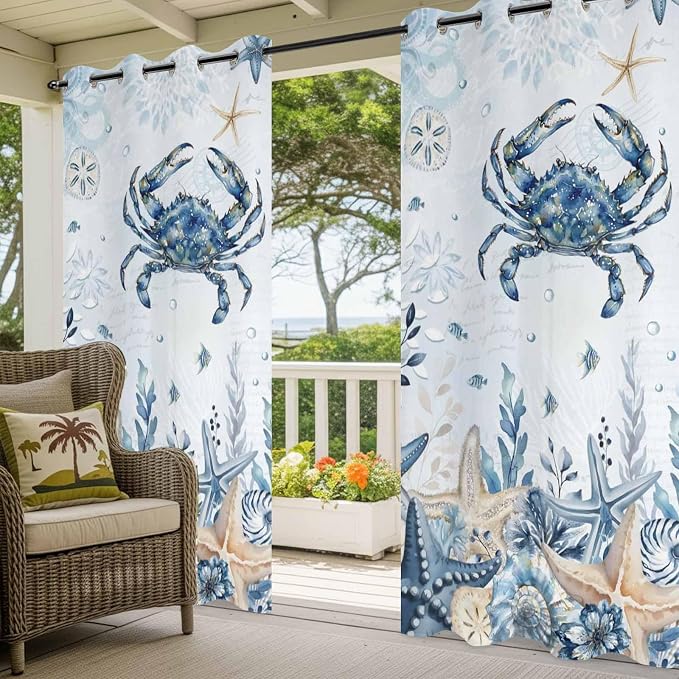Oceans Outdoor Curtains for Patio Crabs Marine Life Shell Starfish Blue - Image 5