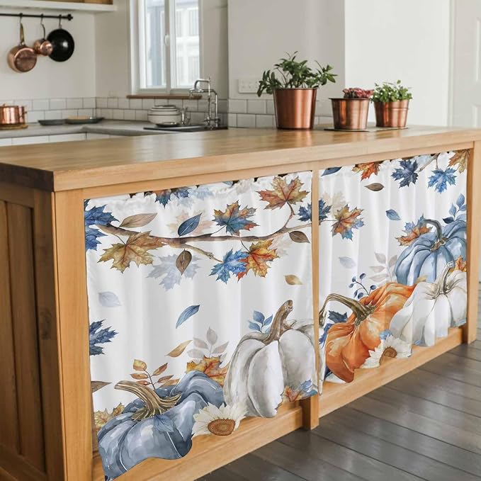 Navy Blue Pumpkin Fall Kitchen Tier Curtains 36 Inch Long 2 Panel Set, Rod - Image 7