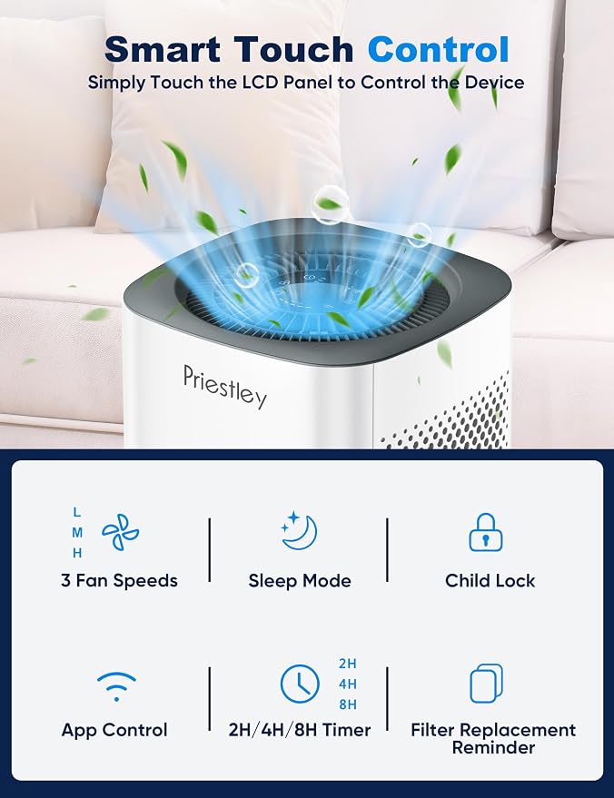 Priestley Air Purifier for Bedroom, Dorm Up to 1100Ft², Smart WiFi Air Purifiers - Image 6