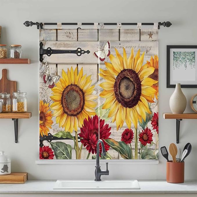 Red Yellow Sunflowers Living Room Curtains 84 Inch Length, Window Curtains Tab - Image 3
