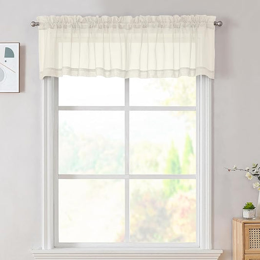 OVZME Cream Sheer Valances for Windows 14 Inch Length 2 Pcs, Light Filtering Short Kitchen Curtains, Top Dual Rod Pocket Small Curtains for Living Room Bedroom Basement, Each 42Wx14L Inches