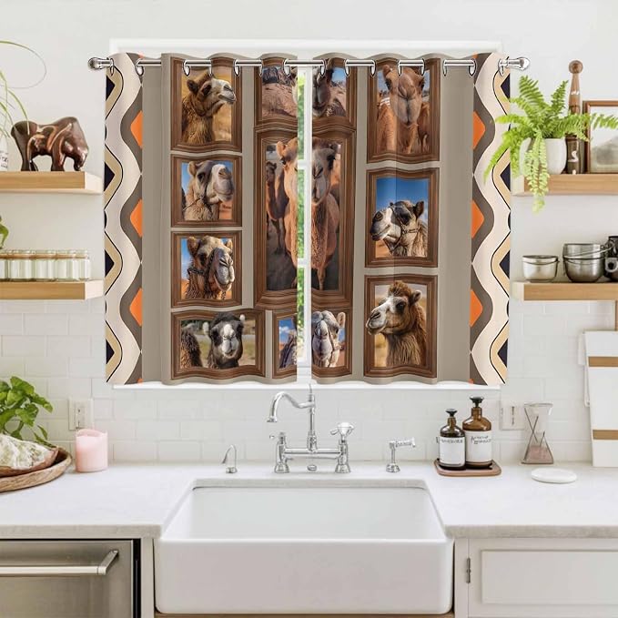 2 Panel Kitchen Cafe Curtains, Desert Camels Sunlight Filtering Nature Air - Image 2