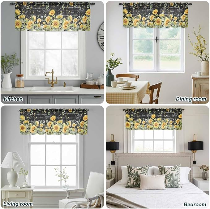 Summer Floral Sheer Valance Curtains, Watercolor Sunflower Eucalyptus Leaves - Image 9