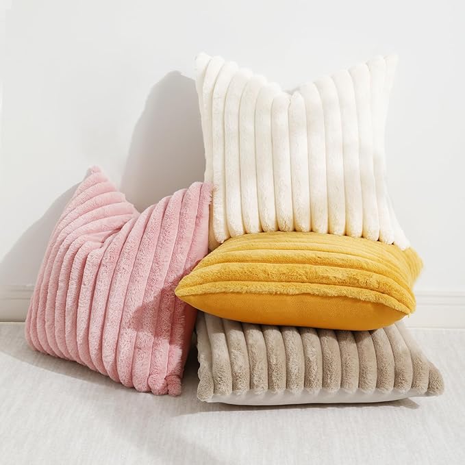 decorUhome Summer Cozy Faux Fur Throw Pillow Covers 16x16 Set of 2 Decorative Soft Plush Striped Modern Farmhouse Boho Couch Pillow Cases with Velvet Back for Sofa Bed Living Room, Pink